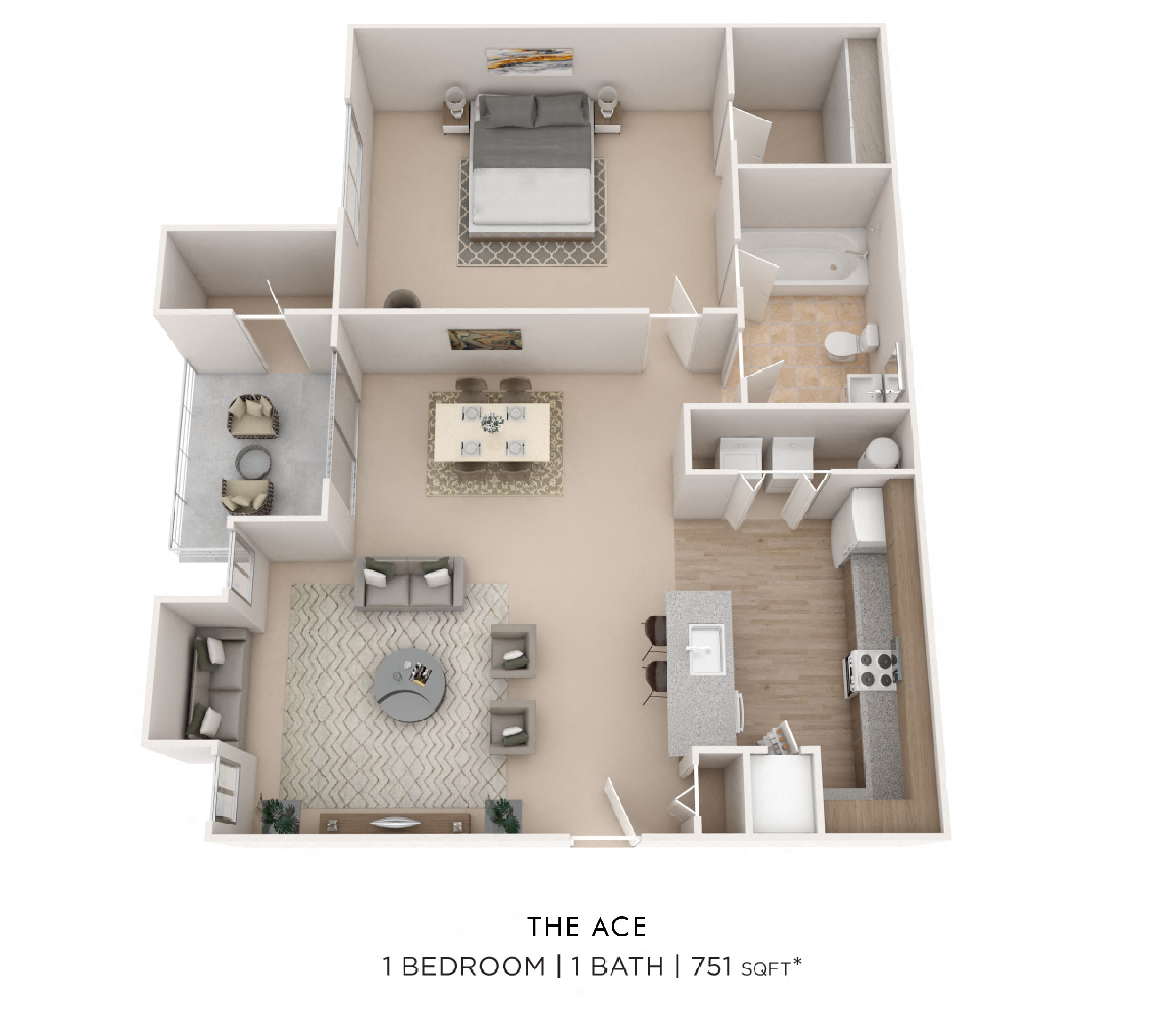 Floor plan for 1 bed, 1 bath, 751 sqft